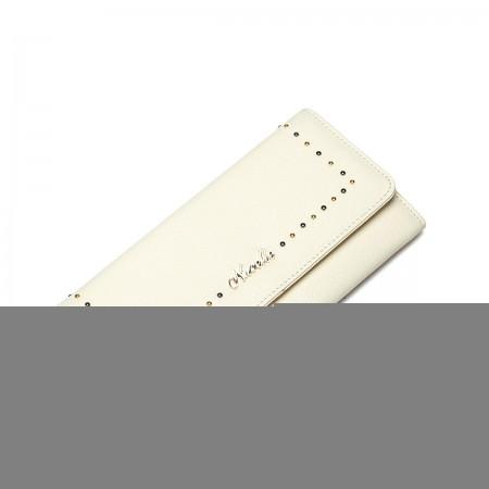 Solid color genuine leather long wallet Beige