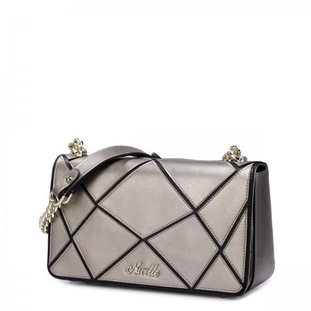 Women leather contrast color shoulder bag Silver